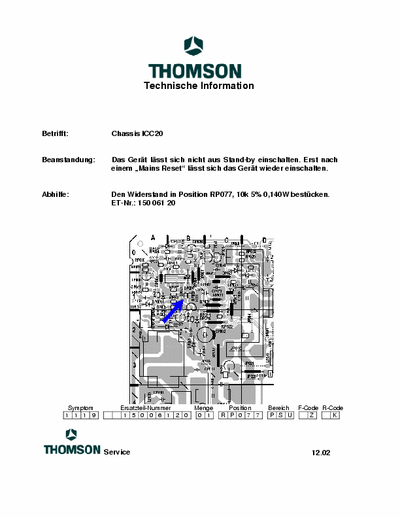 Technical information Thomson ICC20 Technical information Thomson ICC20 MG-Chassis Philips Technical information Thomson ICC20